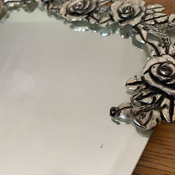 ORNATE VINTAGE VICTORIAN HAND PAINTED ROSES EASEL SILVER‎ PLATE VANITY MIRROR - Picture 7 of 8